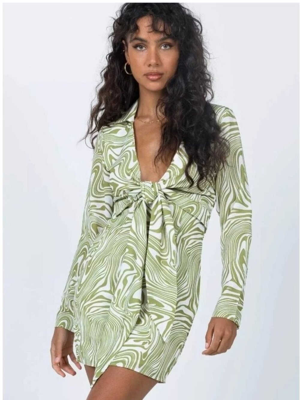 Princess Polly Retro Green White Boho Print Front Tie Long Sleeve Mini Dress Sz6